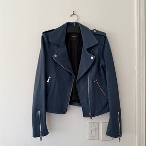 Zara Dark Blue Leather Moto Jacket